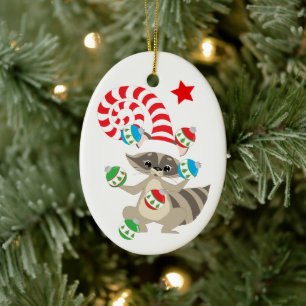 Cute Juggling Racoon Kids Christmas Ceramic Tree Decoration