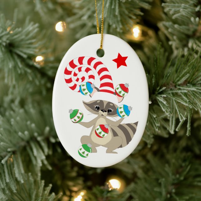 Cute Juggling Racoon Kids Christmas Ceramic Tree Decoration (Tree)