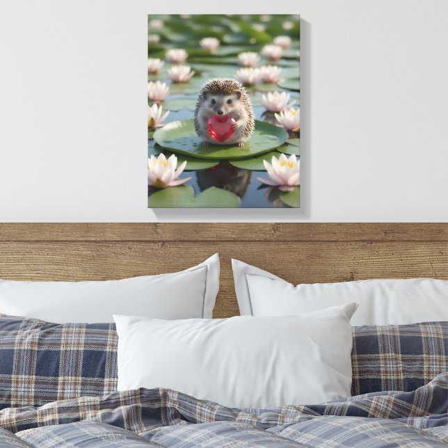Cute July Hedgehog with Ruby Heart Canvas Print (Insitu(Bedroom))