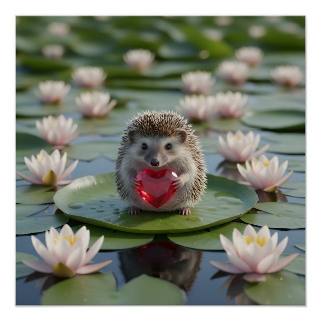 Cute July Hedgehog with Ruby Heart Poster (Front)