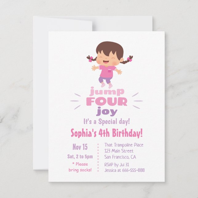 Cute Jump Four Joy Girls 4th Birthday Party Invitation (Front)