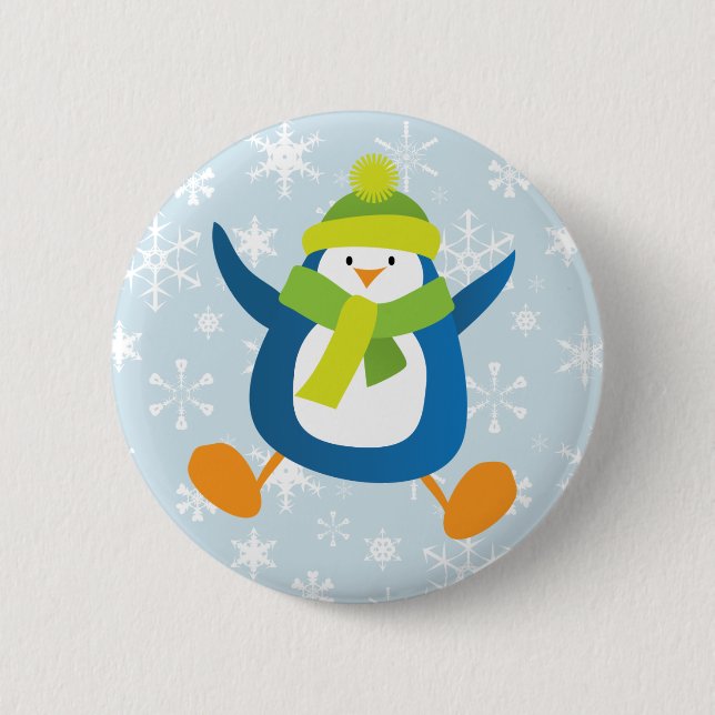 Cute Jumping Blue Penguin Button / Pin Badge (Front)