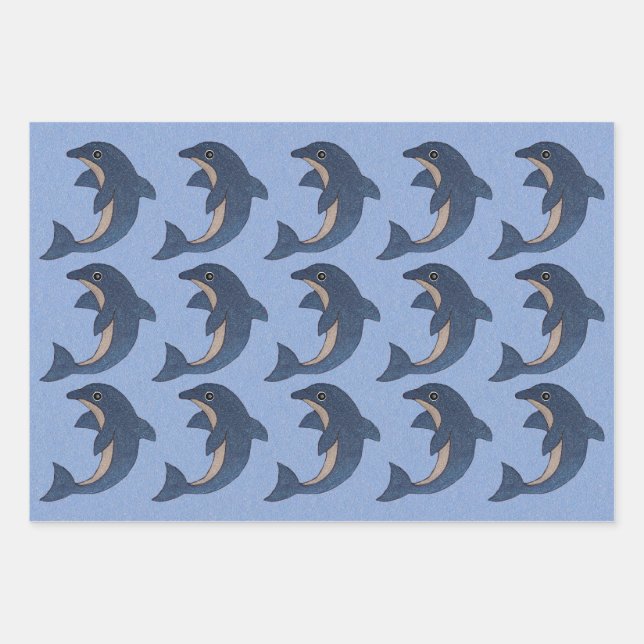 Cute Jumping Blue White Purple Green Dolphins Wrapping Paper Sheet (Front)
