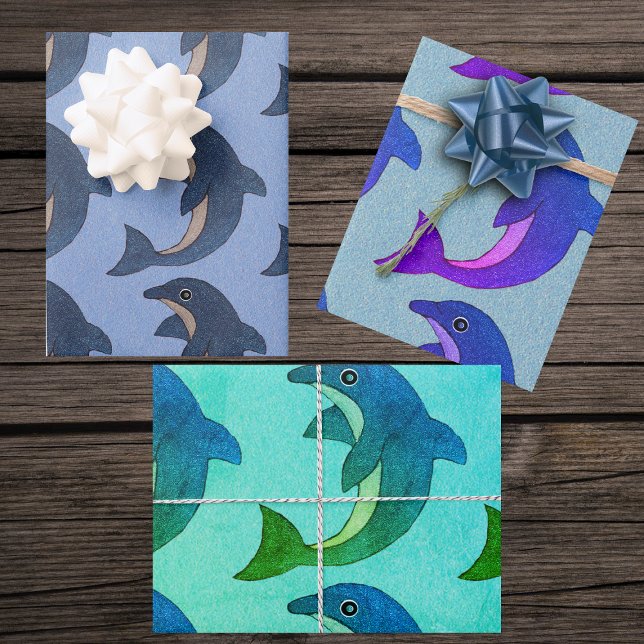 Cute Jumping Blue White Purple Green Dolphins Wrapping Paper Sheet (Jumping sparkle like dolphins in various blues and purples  on gift wrapping sheets paper.)