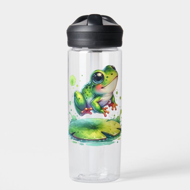 Cute Jumping Frog Whimsical Ai Art Water Bottle (Front)