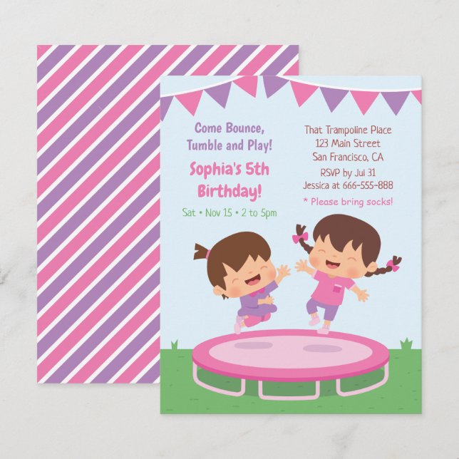 Cute Jumping Girls Trampoline Birthday Party Invitation (Front/Back)