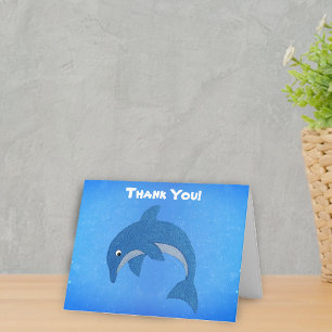 Cute Jumping Glitter Like Cartoon Blue Dolphin Thank You Card