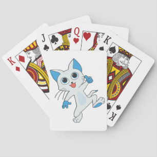 CUTE JUMPING LIGHT CYAN KITTEN WITH BLUE EYES,EARS PLAYING CARDS