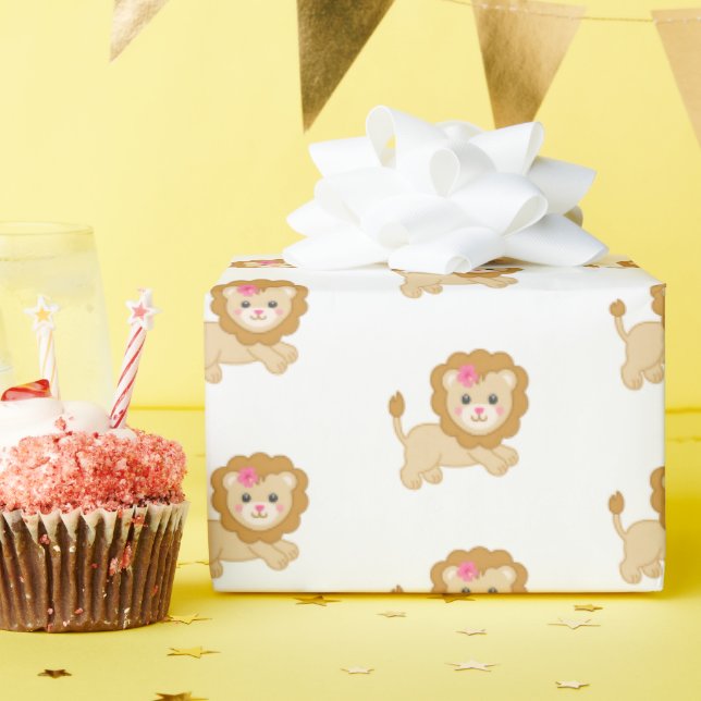 Cute jumping lion with pink bow wrapping paper (Birthday Party)