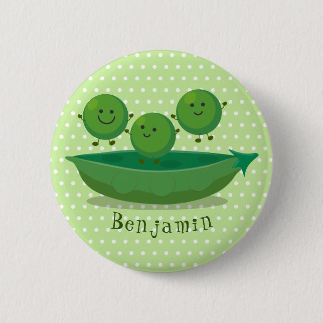 Cute jumping peas in pod cartoon illustration 6 cm round badge (Front)