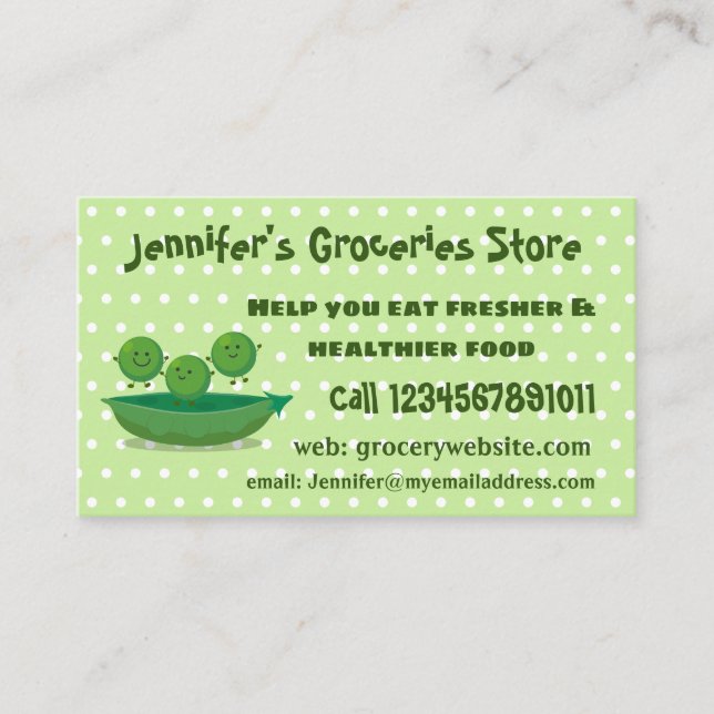 Cute jumping peas in pod cartoon illustration business card (Front)