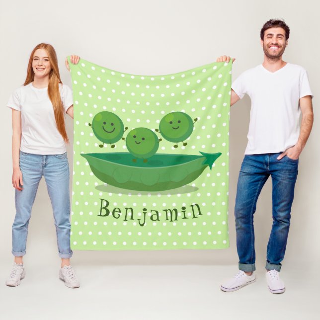 Cute jumping peas in pod cartoon illustration fleece blanket (In Situ)
