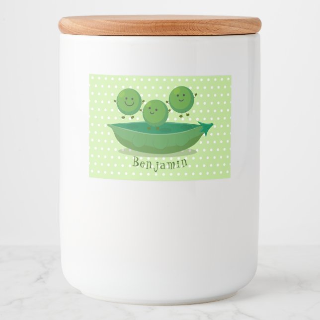 Cute jumping peas in pod cartoon illustration food label (Front)