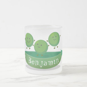Cute jumping peas in pod cartoon illustration frosted glass coffee mug