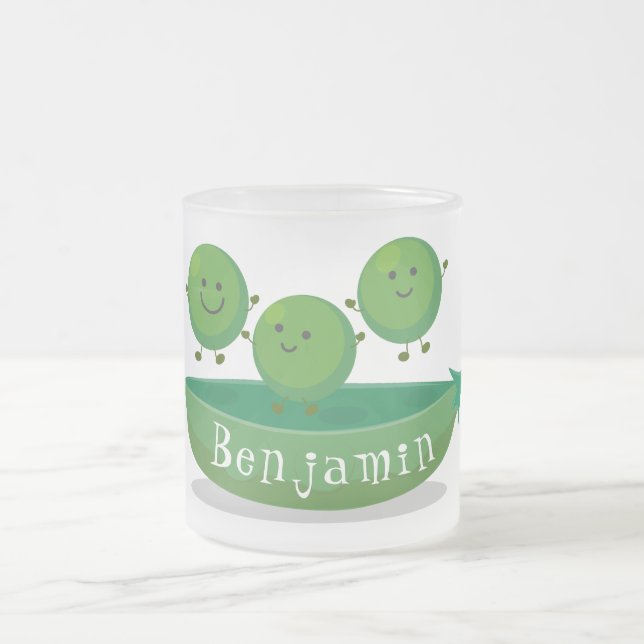 Cute jumping peas in pod cartoon illustration frosted glass coffee mug (Center)