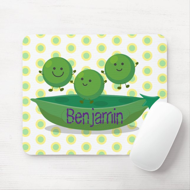 Cute jumping peas in pod cartoon illustration mouse mat (With Mouse)