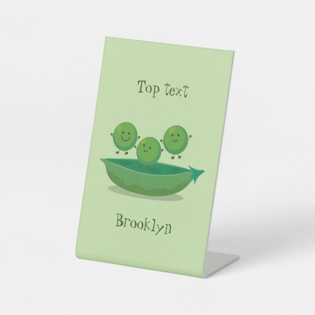 Cute jumping peas in pod cartoon illustration pedestal sign (Front)