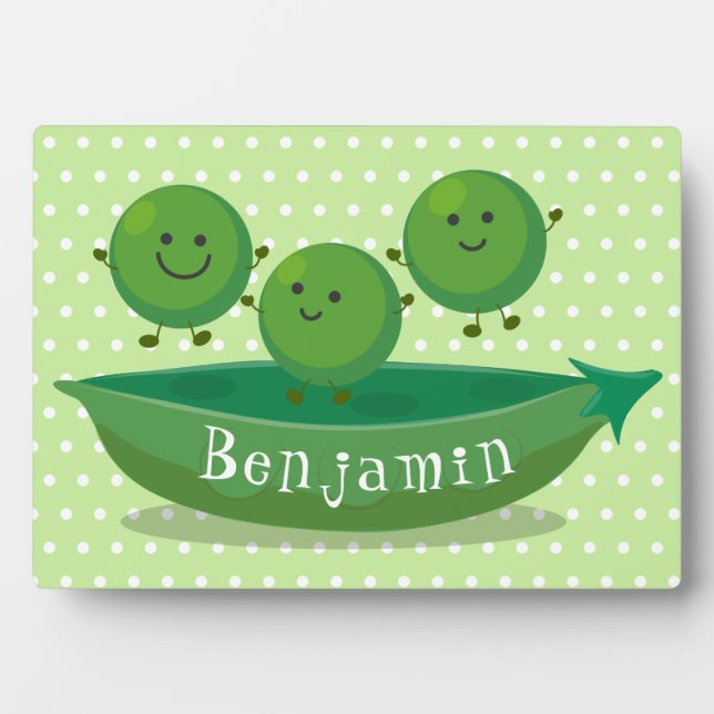 Cute jumping peas in pod cartoon illustration plaque (Front)