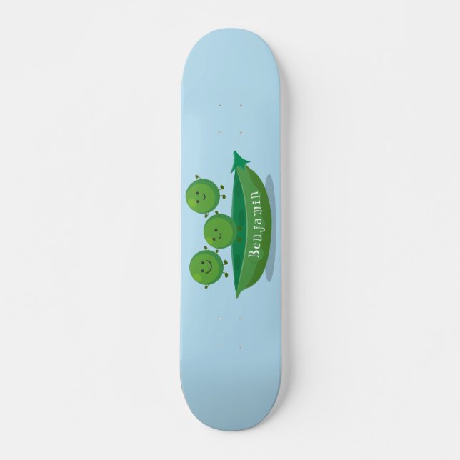 Cute jumping peas in pod cartoon illustration skateboard (Front)