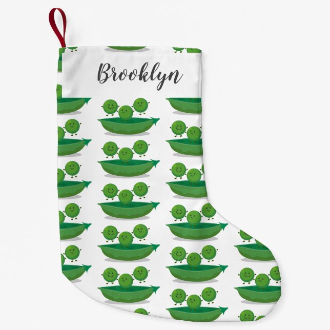 Cute jumping peas in pod cartoon illustration small christmas stocking (Front)