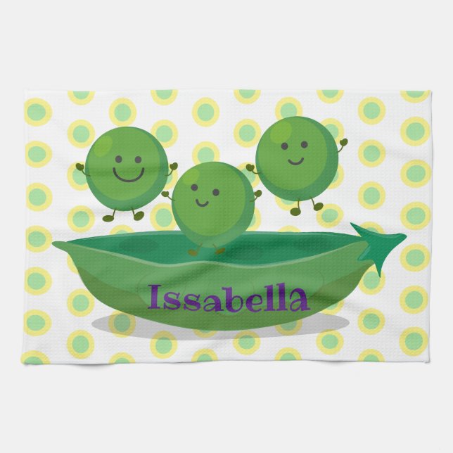 Cute jumping peas in pod cartoon illustration tea towel (Horizontal)