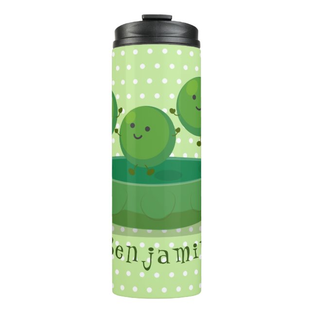 Cute jumping peas in pod cartoon illustration thermal tumbler (Front)