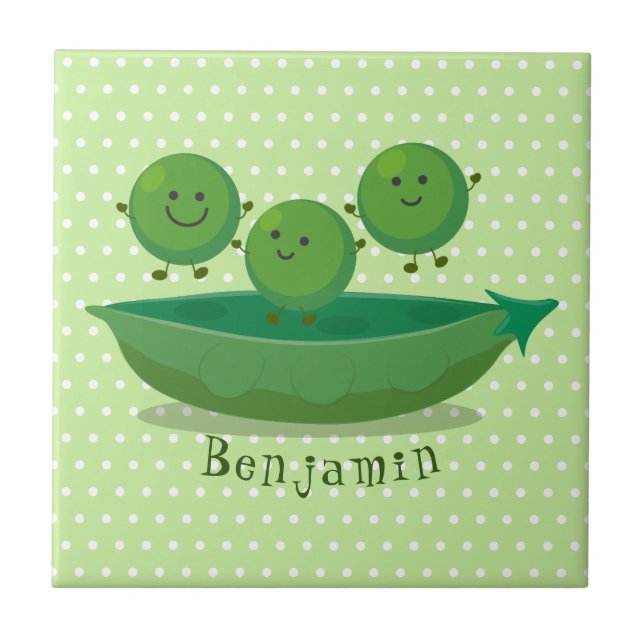 Cute jumping peas in pod cartoon illustration tile (Front)