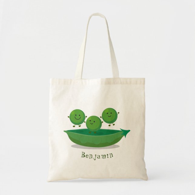 Cute jumping peas in pod cartoon illustration tote bag (Front)