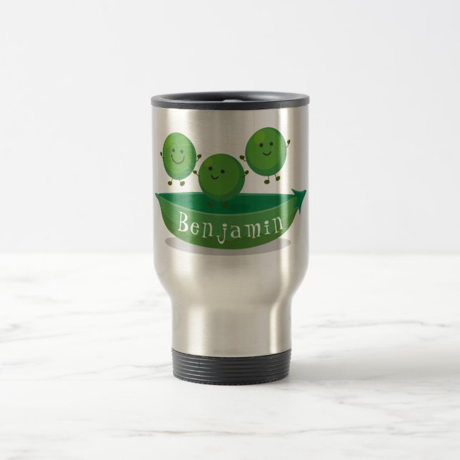 Cute jumping peas in pod cartoon illustration travel mug (Center)