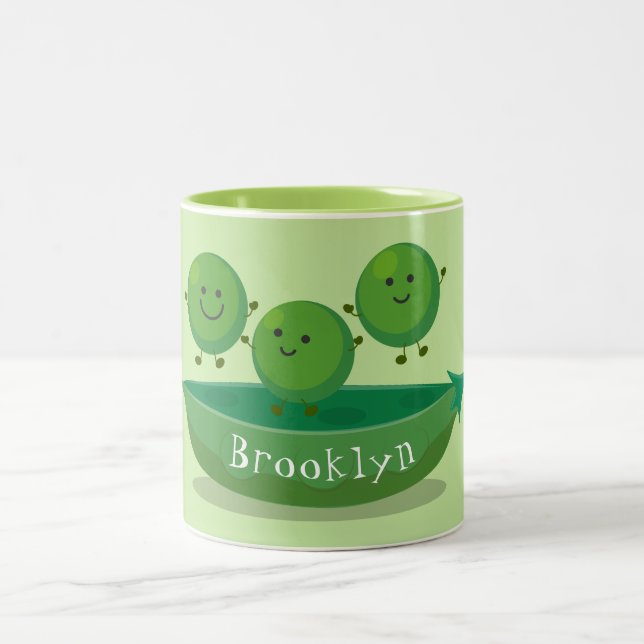 Cute jumping peas in pod cartoon illustration Two-Tone coffee mug (Center)