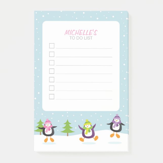 Cute Jumping Penguins in Snow Festive To Do List Post-it Notes (Front)