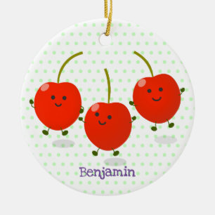 Cute jumping red cherries cartoon illustration ceramic tree decoration