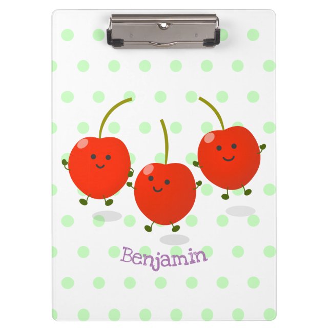 Cute jumping red cherries cartoon illustration clipboard (Front)