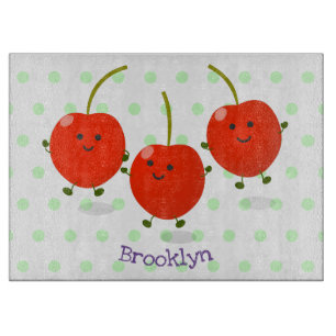 Cute jumping red cherries cartoon illustration cutting board
