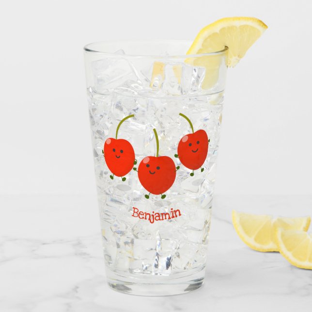 Cute jumping red cherries cartoon illustration glass (Back Ice)