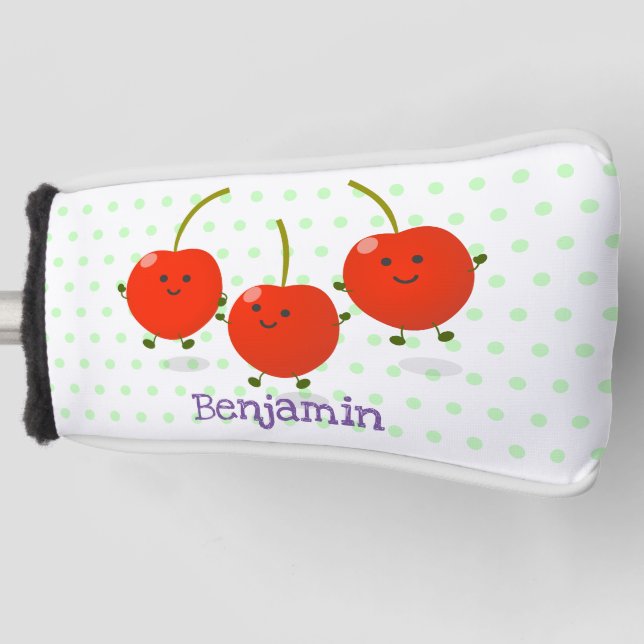 Cute jumping red cherries cartoon illustration golf head cover (Front)