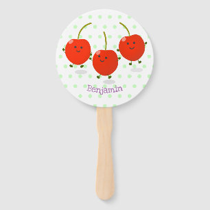 Cute jumping red cherries cartoon illustration hand fan