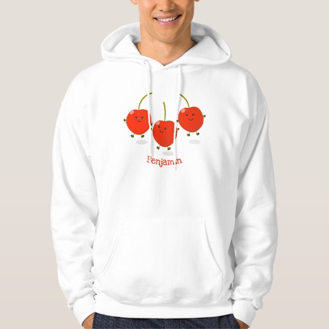 Cute jumping red cherries cartoon illustration hoodie (Front)