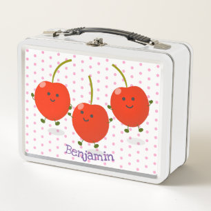 Cute jumping red cherries cartoon illustration metal lunch box