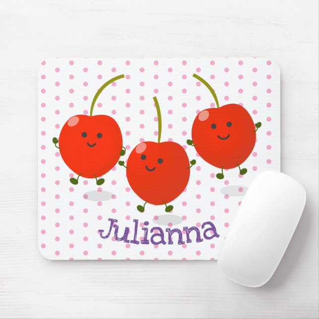 Cute jumping red cherries cartoon illustration mouse mat (With Mouse)