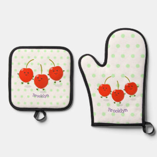 Cute jumping red cherries cartoon illustration oven mitt & pot holder set