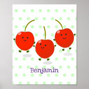 Cute jumping red cherries cartoon illustration poster