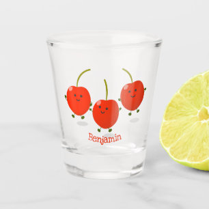 Cute jumping red cherries cartoon illustration shot glass