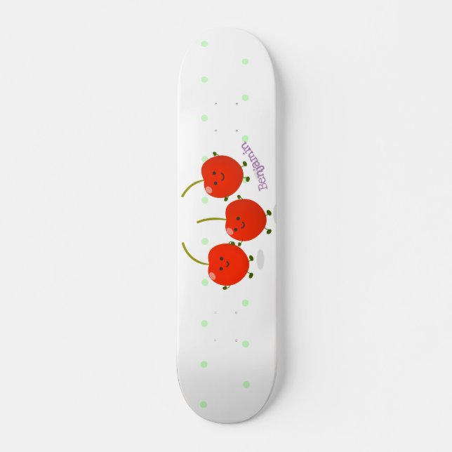 Cute jumping red cherries cartoon illustration skateboard (Front)