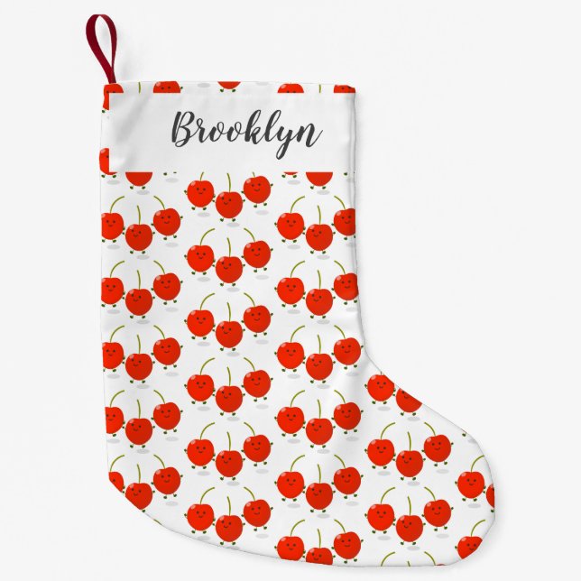 Cute jumping red cherries cartoon illustration small christmas stocking (Front)