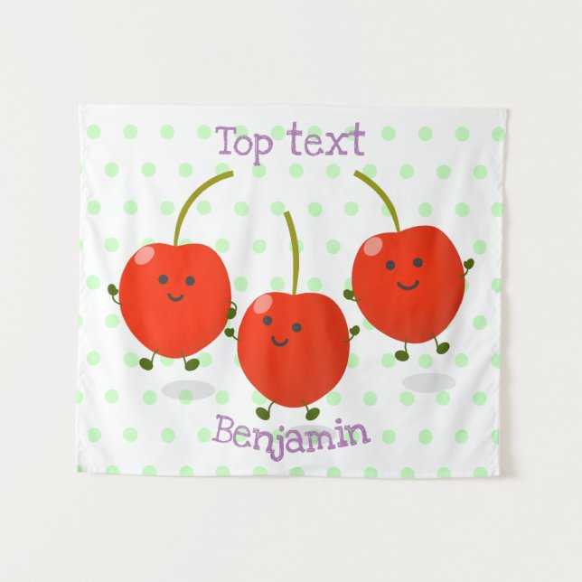 Cute jumping red cherries cartoon illustration  tapestry (Front (Horizontal))