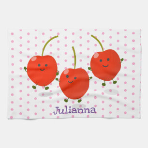 Cute jumping red cherries cartoon illustration tea towel