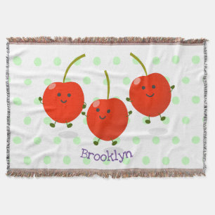 Cute jumping red cherries cartoon illustration throw blanket
