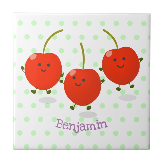 Cute jumping red cherries cartoon illustration tile (Front)