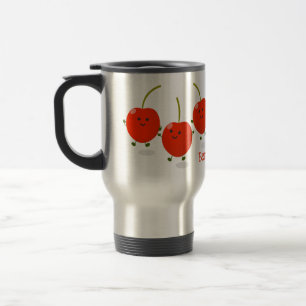 Cute jumping red cherries cartoon illustration travel mug